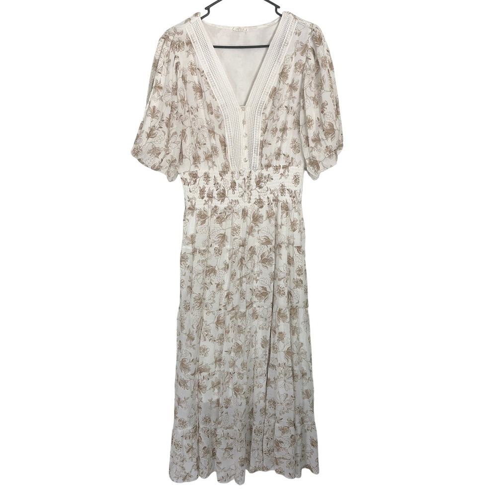 Kings Road Womens Prairie Floral Tiered Maxi Dress Smocked Puff Sleeve XL